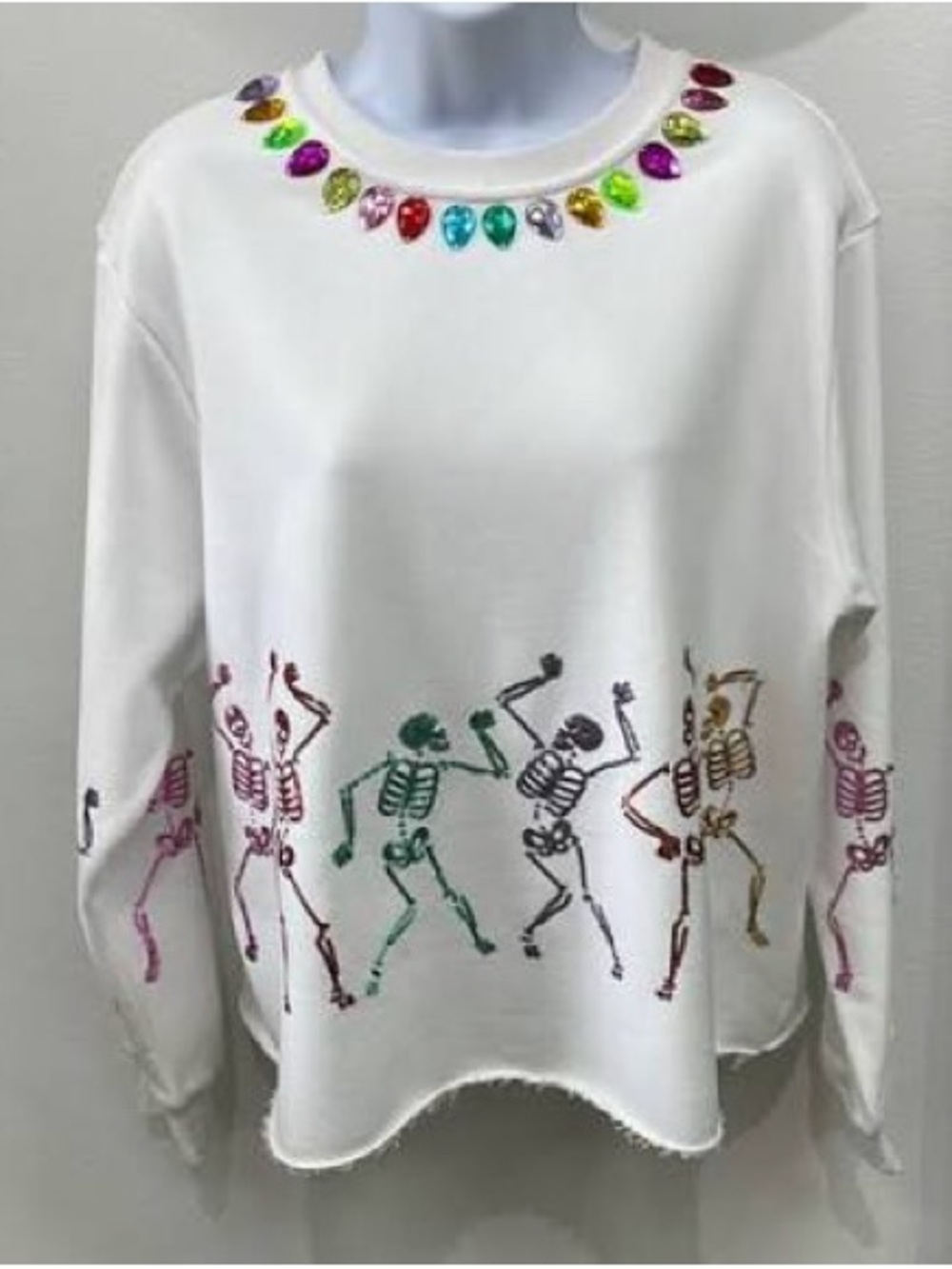 Queen of Sparkles - Dancing skeletons on White crew sweatshirt / Size XS